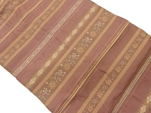 リサイクル　横段に草花模様織出し名古屋帯